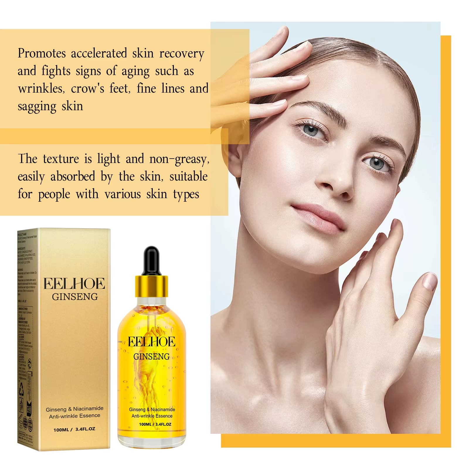 24K Gold Ginseng Serum anti Wrinkle Lifting Firming Fade Fine Lines Lightening Spot Hyaluronic Acid Nicotinamide Facial Essence