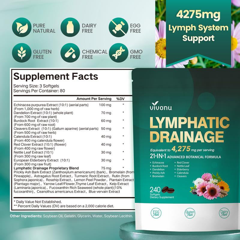 Vivonu Lymphatic- Supports Lymphatic Circulation | Detox & Reduces Swelling | Key Ingredients: Echinacea, Dandelion, Nettle, Burdock, Calendula, Red Clover | 240 Capsules | Supports Immune System & Metabolism