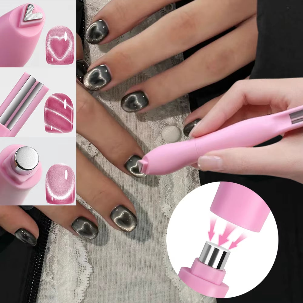 1Pcs 3-In-1 Heart Shape Cat Eye Nail Art Magnet Double Line Moon Snake Pattern French Nail Magnetic Pen Gel Polish Manicure Tool